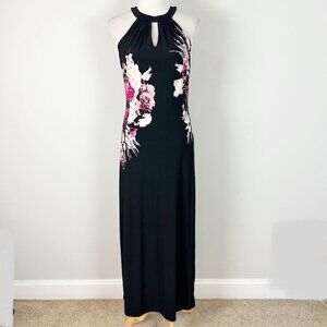 Y2K Cache Black Floral Halter Maxi Dress Wedding Party Tropical Size Medium Wome